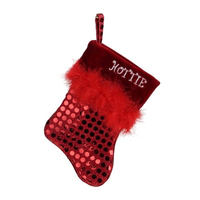 Santa's Best 7" Red 'HOTTIE' Sequined Feather Christmas Stocking