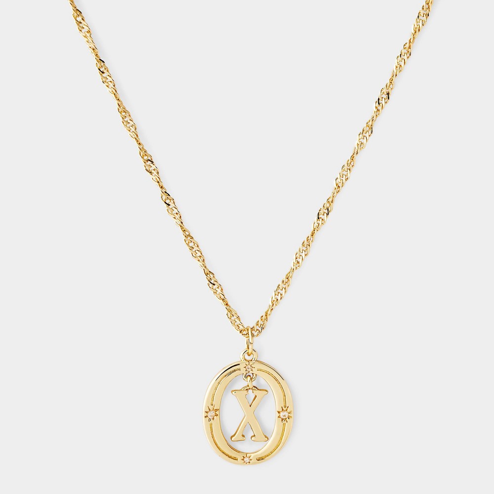 Photos - Pendant / Choker Necklace 14k Gold Dipped Cubic Zirconia Letter "X" Open Oval Initial Pendant Necklace - A New Day™ Gold