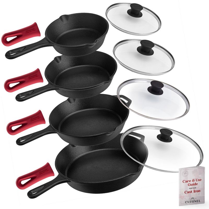Cuisinel Cast Iron Skillet Set - 6"+8"+10+12"-Inch + Glass Lids + Silicone Handle Holder Cover Grips, 1 of 4