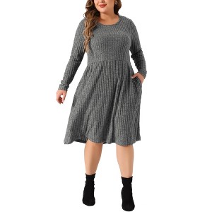 Agnes Orinda Women's Plus Size Elegant Round Neck Long Sleeve with Pocket Ribbed Knit Midi Sweater Dress - 1 of 4