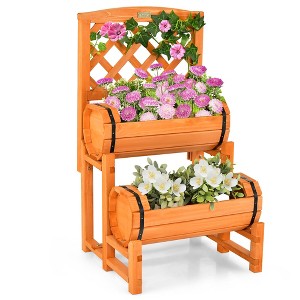Tangkula 2-Tier Wooden Raised Garden Bed Container w/2 Cylindrical Planter Boxes & Trellis - 1 of 4