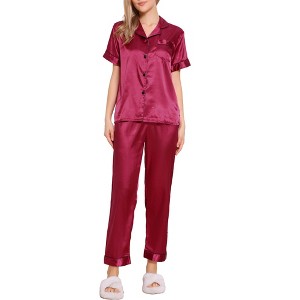 cheibear Women's Buton Down Sleepwear with Pants Nightwear Lounge Pajama Set 2 Pcs - 1 of 4