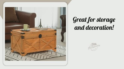 Large Natural Wood Farmhouse Storage Trunk Chest with Hinged Lid