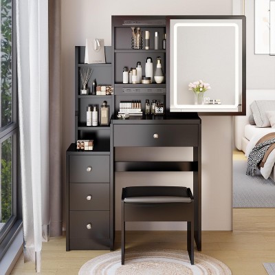 Angel Sar Vanity Desk with Sliding Led Mirror and Lights, Cushioned Stool, Black Vanity Set
