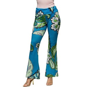 24seven Comfort Apparel Womens Teal Paisley Print Bell Bottom Foldover Waist Pants - 1 of 4