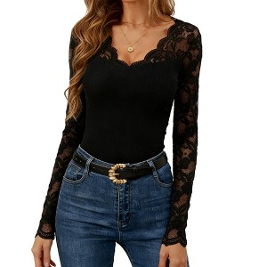 Women's Lace Trim Blouse Long Sleeve V-Neck Fitted Top with Floral Detail for Romantic - 1 of 4