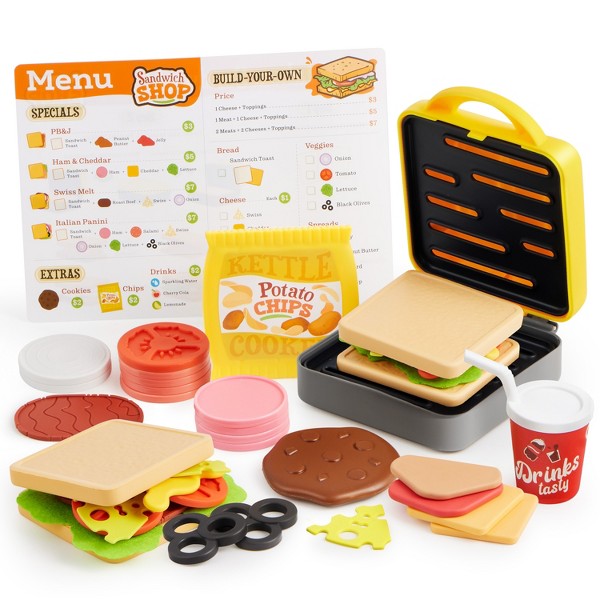 Juguete de comida Joyfy para niños de 3 a 6 años, juguete de máquina para hacer sándwiches panini interactivo de 35 piezas, cocina de imitación para niñas y niños, regalo de cumpleaños de Navidad