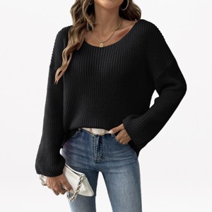 YESFASHION Womens Solid Scoop Neck Pullover Sweater Long Sleeve
