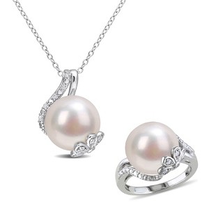 EVERLY JEWELRY | 12-12.5mm Cultured Freshwater Pearl and 1/6ct TDW Diamond Wrap Pendant with Chain and Ring Set in Sterling Silver - 1 of 4