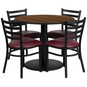 Flash Furniture 36'' Round Walnut Laminate Table Set with Round Base and 4 Ladder Back Metal Chairs - Burgundy Vinyl Seat - 1 of 2