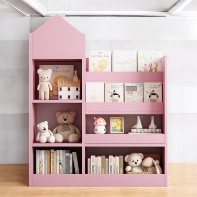 Alilang 31.50 Inch Pink House-Shaped Kids Bookshelf with Open Storage Cubbies and Display Shelves - Pink