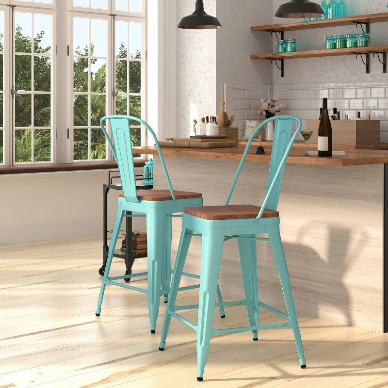 Merrick Lane 24" Metal Indoor-Outdoor Counter Stool with Vertical Slat Back, Integrated Footrest and Wood Seat, 3 of 8