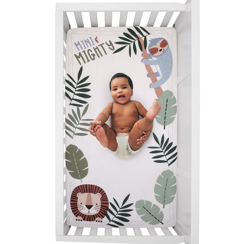 NoJo Jungle Paradise Mini & Mighty Green, Gray and White Lion, Sloth, and Leopard 100% Cotton Photo Op Fitted Crib Sheet, 4 of 6