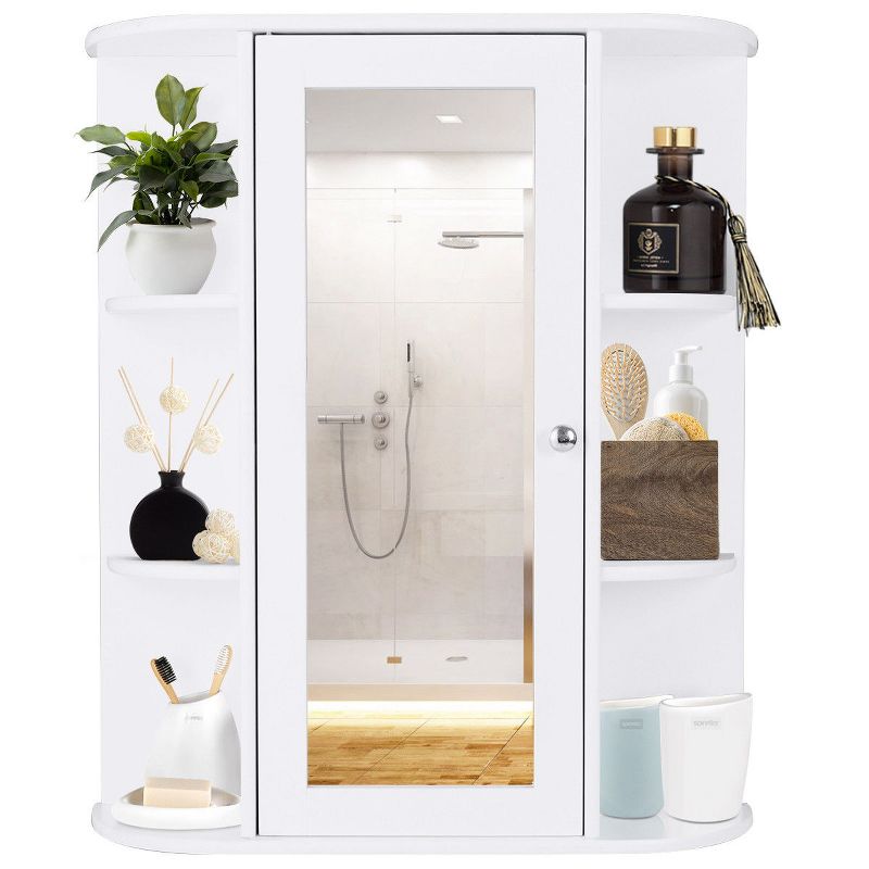 Costway Bathroom Cabinet Single Door Shelves Wall Mount Cabinet W/ Mirror Organizer, 4 of 11