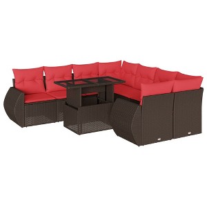 vidaXL Patio Sofa Set with Cushions and Table Outdoor 9 Piece Poly Rattan - Brown without storage - 1 of 4