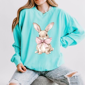 Bunny Watercolor With Bow - Women's Lightweight Garment Dyed Sweatshirt - 1 of 3