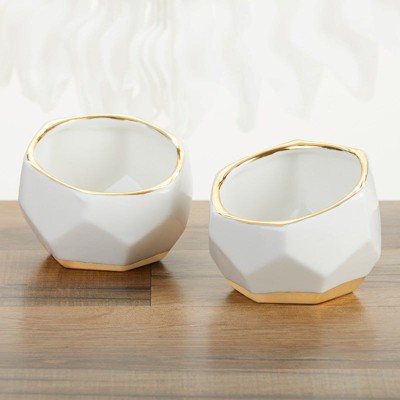 Small White and Gold Geometric Ceramic Planters Set
