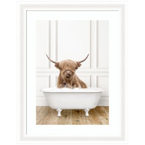 Kate and Laurel Highland Cow in Traditional Vintage Bathtub by Amy Peterson Framed Wall Art Print, 21 x 27, Oliver White Narrow - 1 of 4