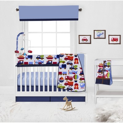 Bacati - Transportation Blue Navy Green Red Orange 10 pc Crib Bedding Set with Long Rail Guard Cover