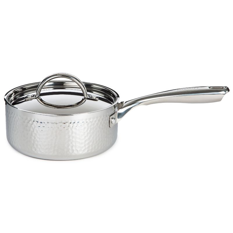 BergHOFF Vintage Tri-Ply Stainless Steel Saucepan With Stainless Steel Lid, Hammered, Silver, 1 of 8