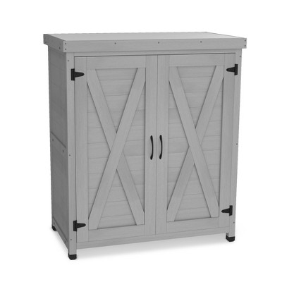 NicBex Small Outside Potting Bench Wooden Outdoor Garden Work Table with Metal Tabletop and Storage Cabinrt
