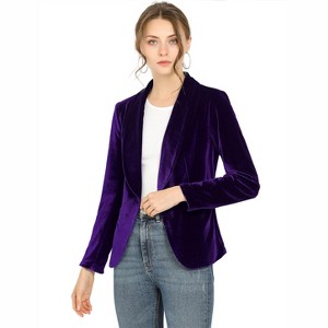 INSPIRE CHIC Women's Office Solid Shawl Collar Jetted Pockets One Button Velvet Blazer - 1 of 4