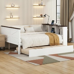 Polibi Modern Utility Daybed with Charging Station, Upholstered Backrest & Trundle - 1 of 4