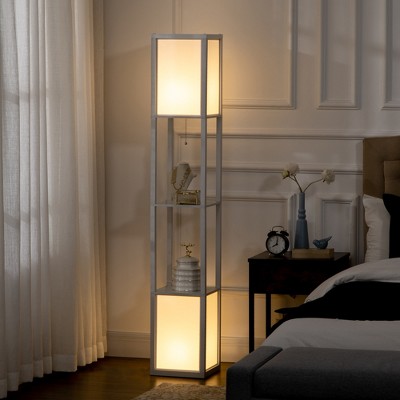 White Tall Floor Lamp with Shelves and Fabric Shade