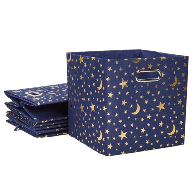 Okuna Outpost 4 Pack Fabric Storage Cube Bins, Cube Organizer, Blue with Gold Moons and Stars (11 x 11 in)