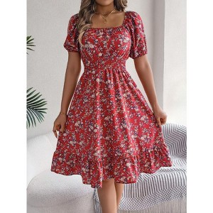 Women's Summer Floral Dresses Ruffle Puff Short Sleeve Square Neck Flowy A Line Midi Dress - 1 of 4