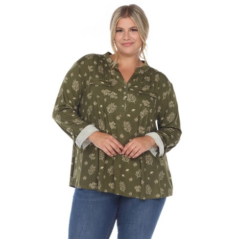 Plus Size Pleated Long Sleeve Leaf Print Blouse Green 2x - White