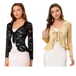 Allegra K Women's Tie Front Ruffled Hem Floral Lace Sheer Crop Bolero Shrug 2 Packs - 1 of 4