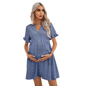Womens Maternity Dress Swiss Dot V Neck Short Sleeve Button Down Summer Casual Baby Shower Mini Dresses - 1 of 4