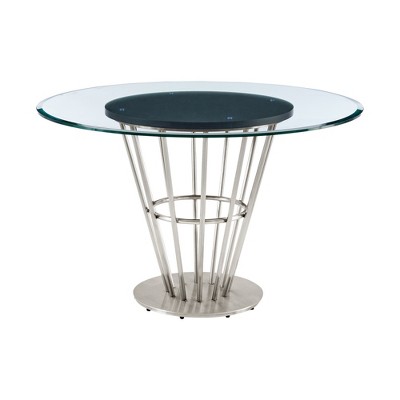 HomeRoots 48" Clear And Silver Glass And Stainless Steel Pedestal Base Round Top Dining Table