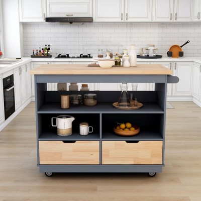 Whisen Modern Rolling Mobile Kitchen Island with Wine,Spice Rack and 2 Drawers