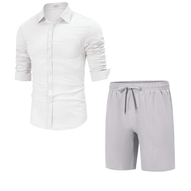 Men's Cotton Linen Sets 2 Piece Tracksuits Long Sleeve Casual Summer Beach Outfits Button Down Shirts and Shorts, 5 of 8