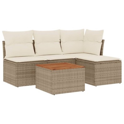 vidaXL Patio Sofa Set with Cushions Outdoor Furniture 5 Piece Poly Rattan - Beige and Cream