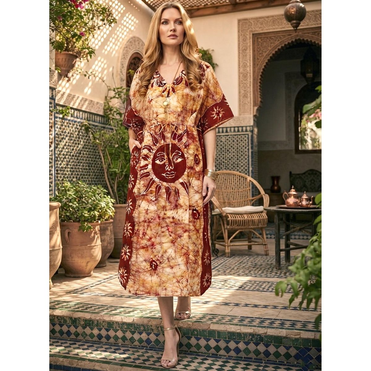 LA LEELA Summer Cotton Women Resortwear Maxi Caftan Holiday Vacation Cruise Pregnancy Wear Flowy Lounge Dress 2X-3X Red Sun - thumbnail 3