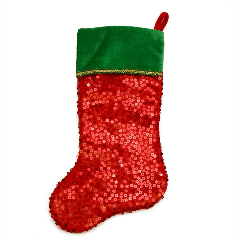 Northlight 20" Red Sequin Christmas Stocking with Green Velveteen Cuff, 2 of 4
