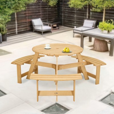 NicBex Outdoor Dining Table Set Round Picnic Table with Umbrella Hole & Built-in Benches,Patio Table Set for Garden, Backyard, Porch