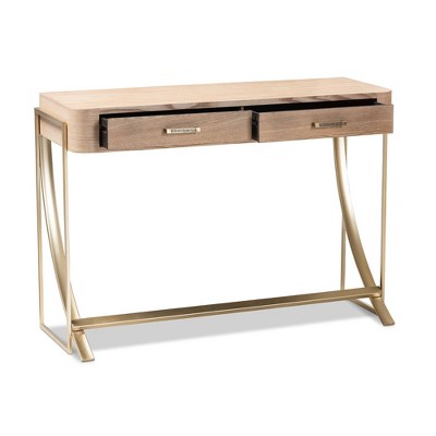 Light Brown and Gold Wood Metal Hallway Table with Storage