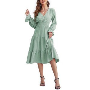 Coolmee Women's Bohemian Dress Casual Long Sleeve V Neck Dress Floral Flowy Maxi Dresses Tiered Cocktail Dress - 1 of 4