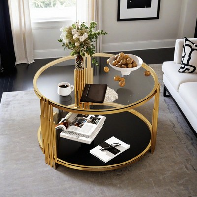 Modern Mirror Coffee Table, Asymmetrical Metal, Circular Metal Drum Base, Gold Finish & Lower Shelf - Leovsnove