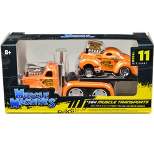 1953 Mack B-61 Flatbed Truck #717 and 1941 Willys Coupe Gasser #717 Orange Met. 1/64 Diecast Model Cars by Muscle Machines