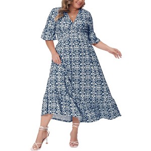 Agnes Orinda Women's Plus Size Boho Floral Bell Sleeve Ruffled Hem Deep V Neck A Line Maxi Dresses - 1 of 4