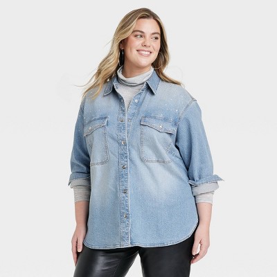 Image of Women's Embellished Denim Shacket - Universal Thread™ Light Wash XXL