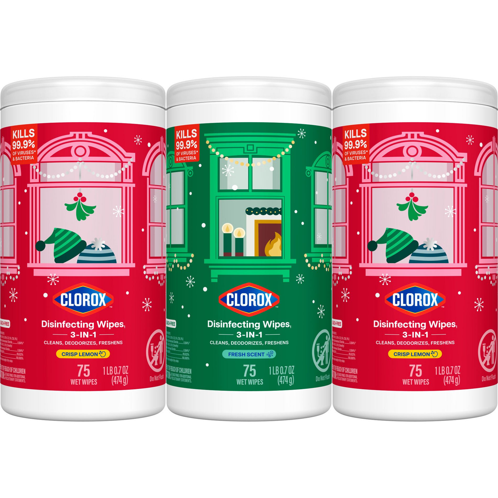 Clorox Fresh Lemon Scented Seasonal Disinfecting Wipes All Purpose Cleaners - 75ct/3 Value Pack