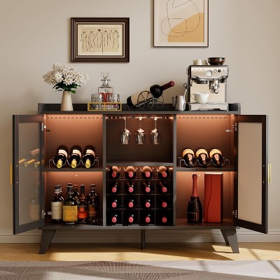 homfan Home Wine Bar Cabinet Freestanding Liquor Cabinet Coffee Bar Kitchen Food Pantry with Storage, Shelves Microwave Stand