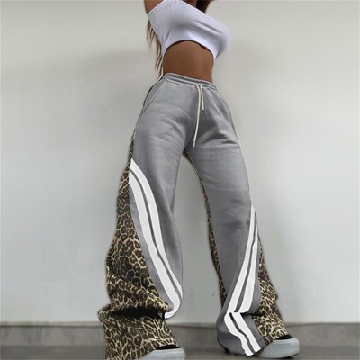 Clotth Women's Leopard Print Pants - High Waisted Cheetah Trousers, Baggy Sweatpants, Gothic Long Pants with Stripes, Street Fashion