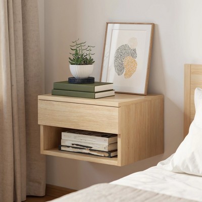 Oak Floating Bedside Table with Drawer, Wall Mount Nightstand, 15.7" Wide Modern Bedside Organizer